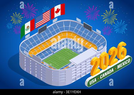 Carte isométrique de l'Amérique du Nord avec les marqueurs du stade de football, du trophée et de la ville hôte. 2026 tournoi international de football à travers les sites régionaux, sport Illustration de Vecteur