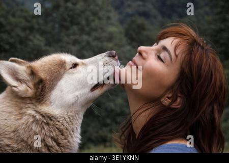Gros plan d'une femme heureuse recevant un léchage affectueux de son chien à l'extérieur. Moment tendre montrant l’amour, la confiance et le lien émotionnel entre une pe Banque D'Images