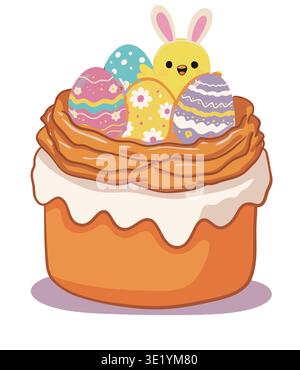 Gâteau de Pâques décoré avec des œufs et illustration de poussin Illustration de Vecteur