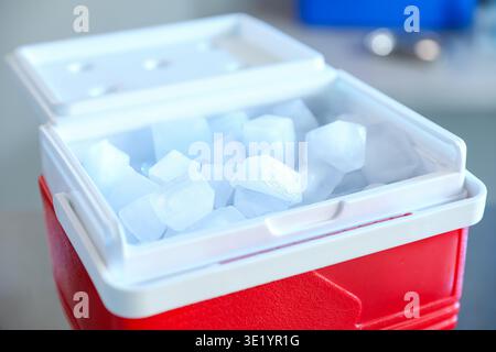 Glacière avec des glaçons sur la table en clinique, gros plan Banque D'Images