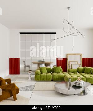 Intérieur contemporain moderne du salon avec canapé modulaire vert, cloison de séparation en verre, éclairage sculptural et accent de panneau mural rouge audacieux dans l'élégance Banque D'Images