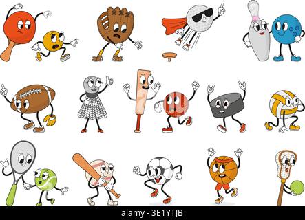Personnages rétro sportifs. Groovy drôle outils de sport personnage de dessin animé. Batte et balle de cricket, tennis, ping-pong, basket-ball, volley-ball et baseball Illustration de Vecteur