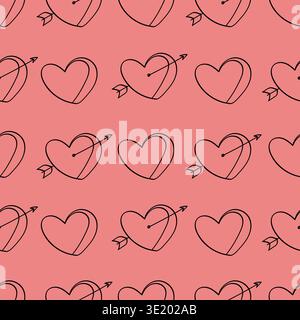 Un motif romantique sans couture avec des coeurs 3D dessinés à la main percés par les flèches de Cupidon dans un style artistique de ligne noire propre sur un fond rose doux. Illustration de Vecteur