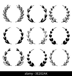Un ensemble complet de couronnes botaniques minimalistes dessinées à la main et de cadres circulaires avec des feuilles délicates et des branches florales dans le style encre noire Illustration de Vecteur