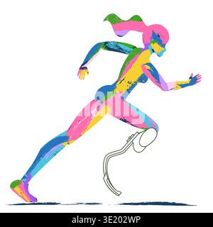 Femme en course avec jambe prothétique. Athlète adaptatif et concept de sport handicapé, réadaptation, motivation, condition physique inclusive. Technologie Bionic et Illustration de Vecteur
