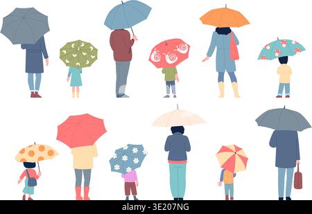 Les gens se tiennent en arrière avec un parapluie. Femme adulte, homme, enfants tenant des parapluies. Humain au printemps, rue d'hiver d'automne, marche en plein air, vecteur récent Illustration de Vecteur