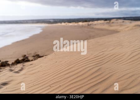 Vue rapprochée des dunes de sable caractéristiques de Punta Pisciotto, près de Sampieri. L'image met en évidence les ondulations de vent parfaites sur le sable doré, wi Banque D'Images