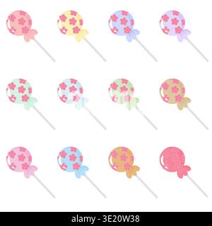 Une collection de 12 sucettes colorées avec des motifs étoilés et des saupoudres. Sucrerie sucrée sertie dans des tons pastel pour les autocollants, les décorations de fête et le son de nourriture Illustration de Vecteur