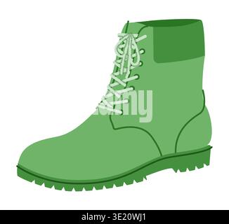 Vert Chunky dentelle bottine femme plat paire. Col rembourré avec crampons trekking expédition, aventure. Illustration de mode technique CAD maquette lisse vecteur hommes unisexe style glamour isolé. Illustration de Vecteur