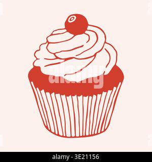 Illustration vectorielle dessinée à la main d'un cupcake sucré avec glaçage tourbillonnant et une myrtille sur le dessus. Icône minimaliste d'art de ligne rouge de délicieux muffin pour Illustration de Vecteur