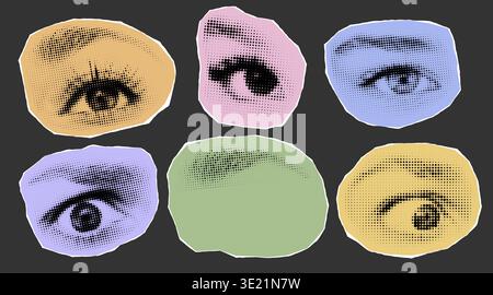 Collection d'yeux humains en demi-teinte. Ensemble d'éléments de collage à la mode. Vue oculaire découpée sur papier couleur Illustration de Vecteur