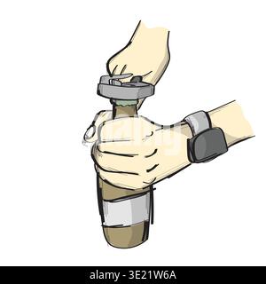 Main utilisant l'ouvre-bouteille sur la bouteille de boisson avec illustration de bouchon dessin vectoriel avec des lignes noires Illustration de Vecteur