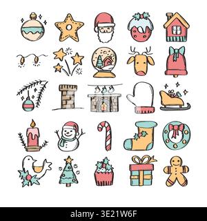 Esquisse vectorielle d'illustrations d'icônes de Noël avec des lignes noires. Illustration de Vecteur