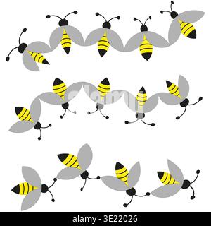 Insectes bourdons volants. Fond monochrome rayé. Personnages d'abeilles jaunes. Motif de la faune vecteur. SPE 10. Illustration de Vecteur