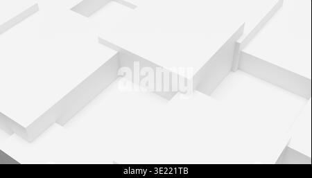 Élégant fond blanc 3D avec blocs rectangulaires superposés et formes cubiques dans un style architectural contemporain lumineux. Surfaces blanches uniformes Banque D'Images