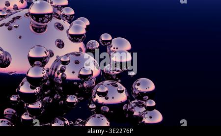 Des bulles brillantes avec des surfaces réfléchissantes flottent sur un fond bleu foncé. Illustration, rendu Banque D'Images