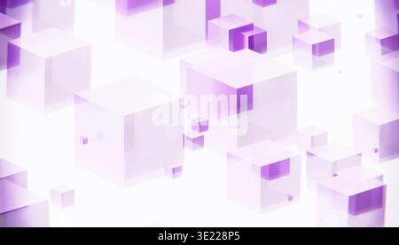 Rendu 3D abstrait de cubes violets et blancs flottants sur un fond lumineux. Illustration, rendu Banque D'Images