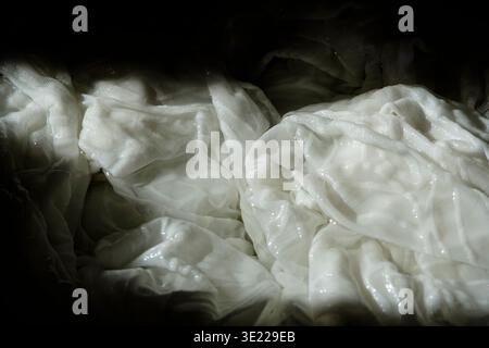 Rideau de filet blanc lavé à la main dans un bassin, gros plan des plis de tissu mouillé, corvée domestique Banque D'Images