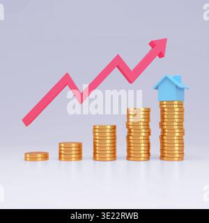 Modèle de maison sur les piles croissantes de pièces de monnaie avec une flèche de tendance vers le haut, montrant la valeur immobilière croissante et la croissance du marché Banque D'Images
