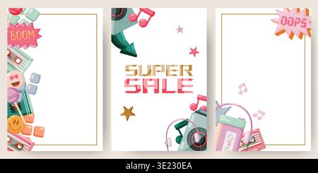 Une collection de trois modèles verticaux de flyer ou d'affiche avec des bordures dorées. Les designs comportent du texte comme LA SUPER VENTE et les articles rétro colorés des années 90 inclus Illustration de Vecteur