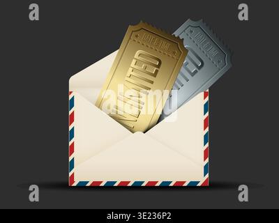 Les billets Premium Gold et Silver étiquetés Unlimited émergent d'une enveloppe de poste aérienne. Ces billets d'événement illimités exclusifs représentent un accès de luxe et Illustration de Vecteur
