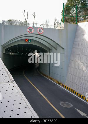 En regardant vers le bas une route asphaltée vide menant à un tunnel souterrain urbain voûté, équipé de feux de signalisation rouge et vert au-dessus. Le wh Banque D'Images