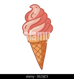 Illustration de cône de crème glacée rose, dessert sucré mignon dans le style de bande dessinée Illustration de Vecteur