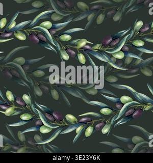 Motif sans couture d'onde de branche d'olive sur fond sombre. Aquarelle olives vertes et noires avec verdure. Illustration isolée élégante répétée. Main Banque D'Images
