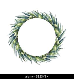 Couronne d'olive aquarelle avec modèle d'espace de copie. Fruits d'olive verts, verdure luxuriante. Illustration peinte à la main élégante isolée du cadre de fond Banque D'Images