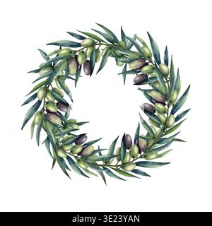 Couronne d'olive aquarelle avec espace de copie. Fruits d'olive verts, modèle de verdure luxuriante. Illustration peinte à la main élégante isolée du cadre de fond Banque D'Images