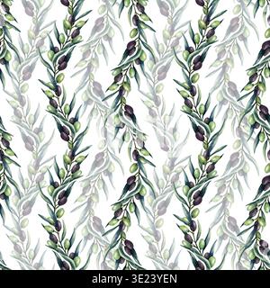 Motif sans couture de branche d'olive aquarelle. Olives vertes et foncées, feuilles, verdure. Répéter l'illustration isolée de l'arrière-plan. Art peint à la main Banque D'Images