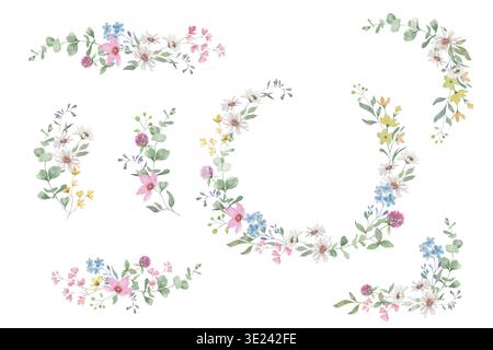 Ensemble floral aquarelle de fleurs sauvages, trèfle, marguerites et branches d'eucalyptus. Illustrations botaniques dessinées à la main. Banque D'Images