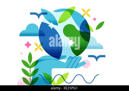Main humaine tenant la planète Terre, entourée de feuilles et de nuages. Illustration géométrique plate vectorielle de la protection de l'environnement. Concept abstrait pour Illustration de Vecteur