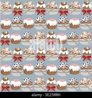 Motif sans couture de Pâques dessiné à la main fait de gâteaux de Pâques avec différents décors et arcs, vacances de Pâques et fond de printemps Illustration de Vecteur