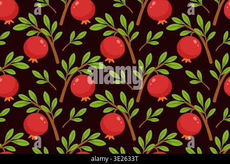Modèle sans couture avec des fruits de grenade et des branches feuillues dans un style vectoriel plat. Idéal pour la marque organique, textiles, emballage, papier peint, décoration de cuisine, design alimentaire moderne. Illustration de Vecteur