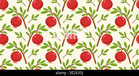 Modèle sans couture avec des fruits de grenade et des branches feuillues dans un style vectoriel plat. Idéal pour la marque organique, textiles, emballage, papier peint, décoration de cuisine, design alimentaire moderne. Illustration de Vecteur