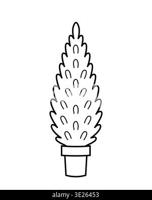 Thuja. Icône de croquis dessinée à la main de la plante de conifères dans un pot. Illustration vectorielle isolée dans le style de ligne doodle. Illustration de Vecteur