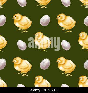 Motif sans couture avec des poulets jaunes et des œufs blancs. Illustration aquarelle sur un fond vert foncé. Dessin réaliste avec des poulets pour le Banque D'Images