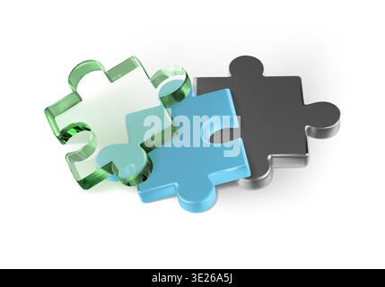 Pile de puzzle avec élément en métal chromé et en verre. Rendu isométrique 3D, les pièces reposent sur le bg blanc. Jeu de plateau vectoriel, concept de jouet éducatif. Réaliste Illustration de Vecteur