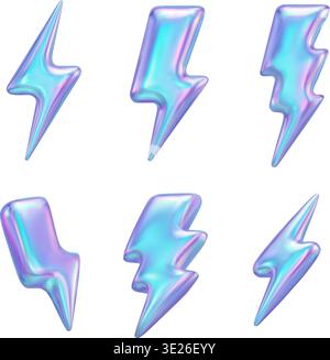 Lightning 3d set pour boulon holographique tonnerre et boulons au néon électriques. Flash a ENERGIE ENERGETIQUE pour vecteur de charge a gradient et holo-iridescent par Etincelle Illustration de Vecteur