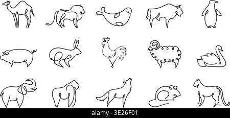 Ligne continue des animaux chameau, lion, phoque, bison, cochon de pingouin. Lapin, lièvre, coq, souris, bélier poulet et loup cygne. Éléphant, gorille et guépard Illustration de Vecteur