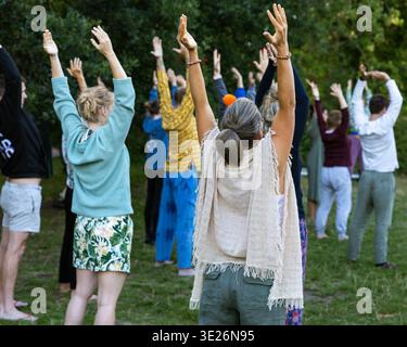 Groupe de personnes pratiquant le yoga en plein air s'étirant dans la nature Banque D'Images