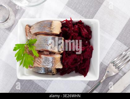 Salade de hareng appétissante avec betteraves, crème sure et persil dans une assiette blanche Banque D'Images
