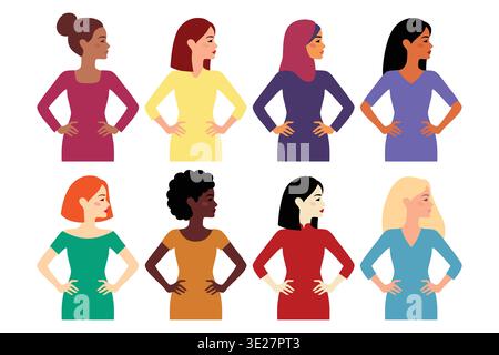 Différentes femmes diverses se tiennent en toute confiance, les mains sur les hanches. Chacun montre une posture forte, un style unique et une expression calme. Variété de cheveux et de couleur de peau Illustration de Vecteur