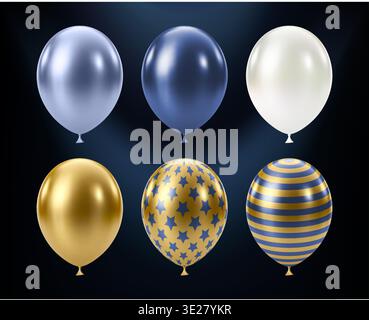 Ballon Blue Gold. Ensemble de ballons réalistes de luxe. Illustration de Vecteur
