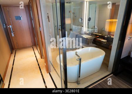 Salle de bains moderne avec baignoire sur pieds, cabine de douche en verre et produits de luxe Banque D'Images