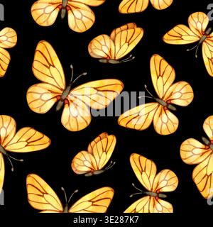 Motif sans couture dispersé de papillons jaunes aquarelle sur un fond blanc. Ce design léger et aéré est parfait pour les textiles sur le thème du printemps Banque D'Images