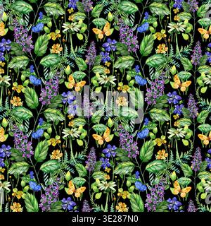 Modèle fantaisiste sans couture de fleurs sauvages à l'aquarelle, de lavande et de papillons sur un fond blanc. Cette conception botanique complexe apporte un Banque D'Images