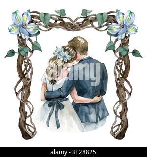 Illustration aquarelle réconfortante d'une mariée et mariée embrassant sous une arche de vigne florale avec des lis bleus. Une conception romantique, peinte à la main de mariage Banque D'Images