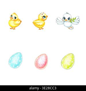 Un ensemble de poulets de Pâques aquarelle, des œufs de Pâques colorés et une colombe de la paix. Illustration d'aquarelle faite à la main Banque D'Images